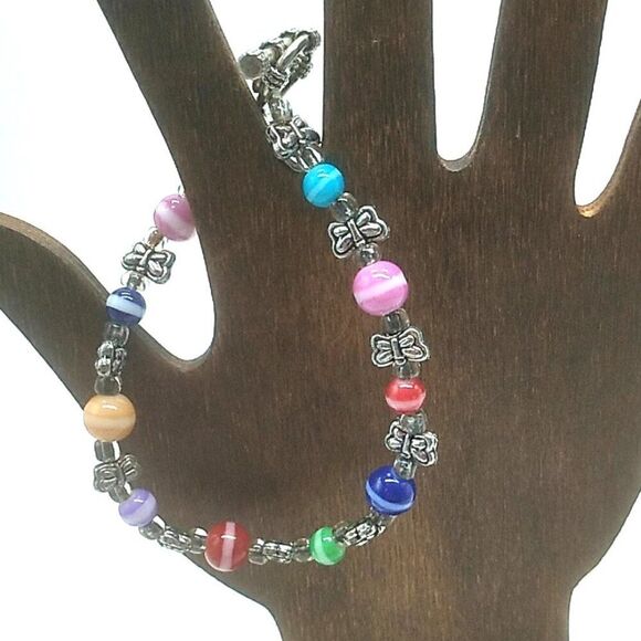 Colorful Rainbow Glass Beaded Toggle Bracelet-Anklet w Silver-tone Butterflies - Picture 4 of 15
